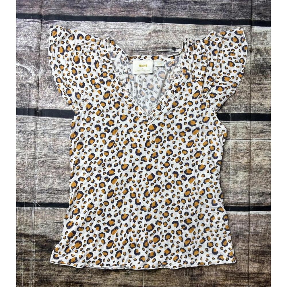 Maeve Anthropologie Top Women's Small Leopard Animal Print Flutter Sleeve V-Neck